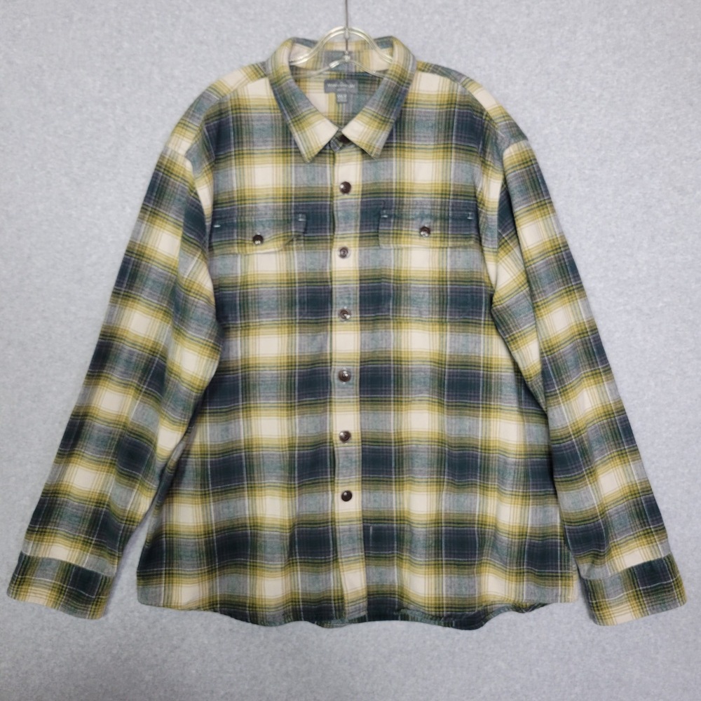 LL Bean Signature Slim Fit Plaid Flannel Shirt XXL R Green Yellow Button Down